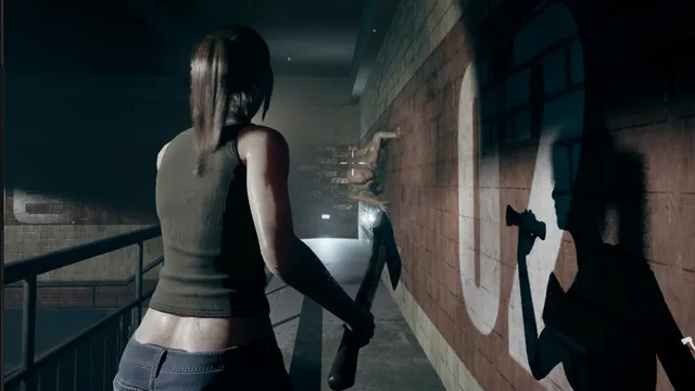 Jodi walks a dim balcony corridor with a baseball bat as an infected man comes towards her