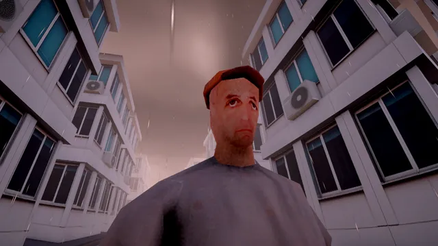 The Knife Sharpener screenshot: a low-poly man in a cap with a sad photo-textured face looks down between towering white apartment blocks