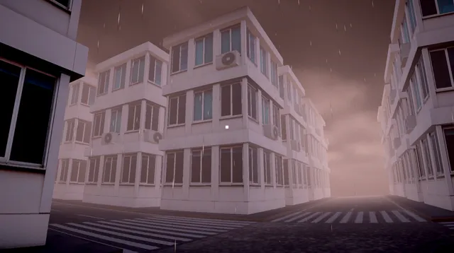 The Knife Sharpener screenshot: an empty crossroads of identical white apartment blocks under a hazy pink sky in the rain