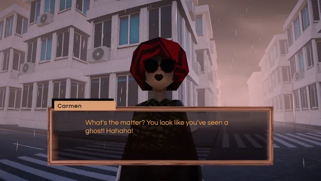 The Knife Sharpener screenshot: a woman with a red bob and dark round glasses on a rainy street of white blocks, saying 'You look like you've seen a ghost! Hahaha!'