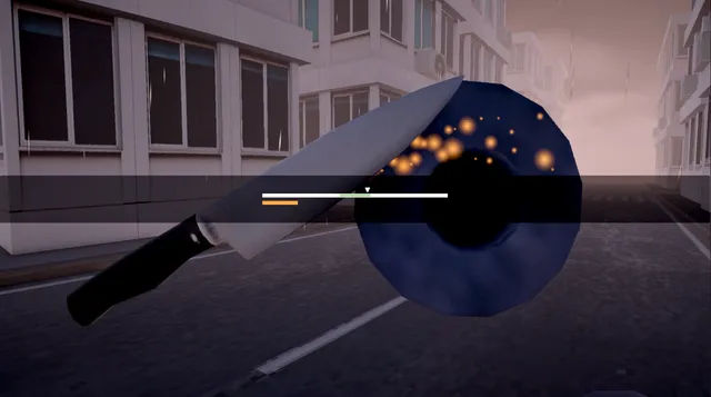 The Knife Sharpener screenshot: a kitchen knife held to a spinning blue whetstone with sparks flying, a timing bar across the screen, in an empty street