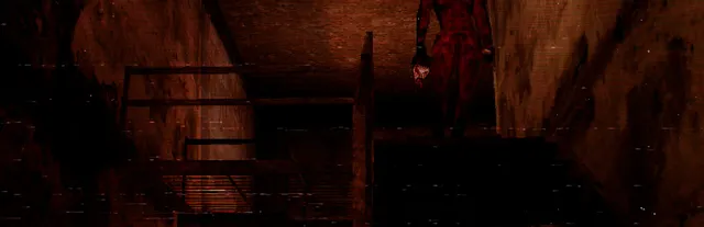 The Lacerator key art: the killer stands on a dark staircase in red light, holding a severed head