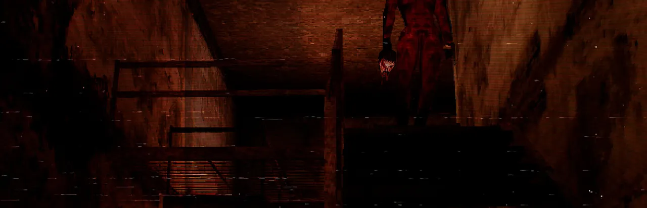 The Lacerator key art: the killer stands on a dark staircase in red light, holding a severed head