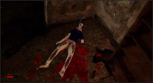 A victim lies dead in a pool of blood on a cellar floor