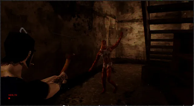 A flayed, bloody figure lurches toward Max in a dark room by a staircase