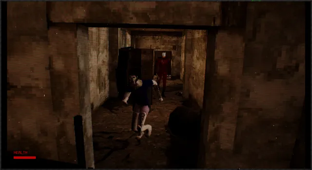 Max limps down a corridor while the masked killer appears in the doorway behind him