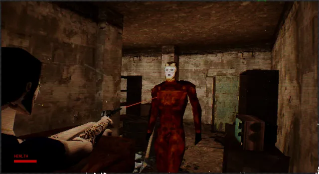 Max aims a revolver at The Lacerator, a pale-masked figure in red, in a filthy cellar