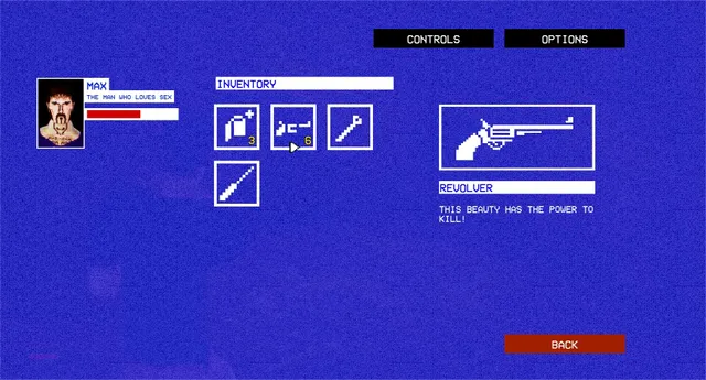 The inventory screen with Max's health, a revolver and other scavenged items