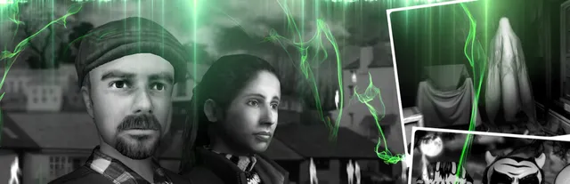 The Last Crown: Midnight Horror key art: ghost-hunters Nigel and Lucy in black and white with green ghostly smoke and photographs of a sheeted ghost