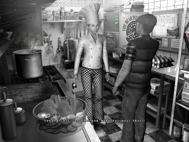 The Last Crown: Midnight Horror screenshot: Nigel talks to a cook in the pub kitchen of The Bear