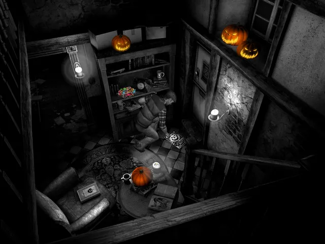 The Last Crown: Midnight Horror screenshot: Nigel crouches in a dark black-and-white hallway lit by candles and glowing orange jack-o'-lanterns