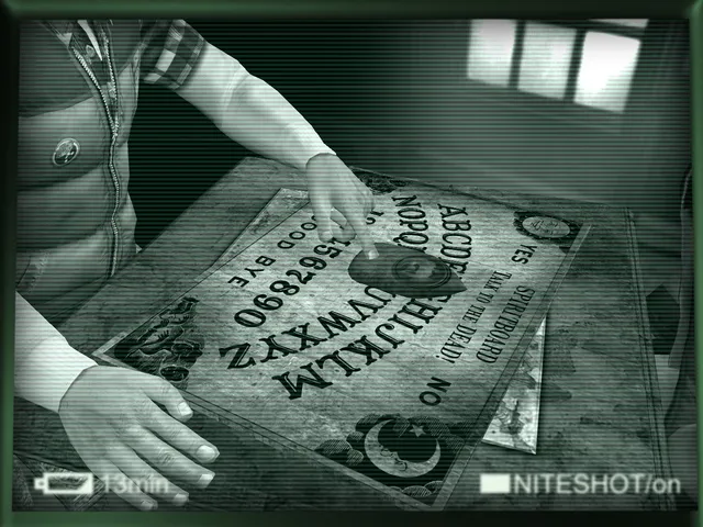 The Last Crown: Midnight Horror screenshot: hands on a spirit board seen through a green night-shot camera view