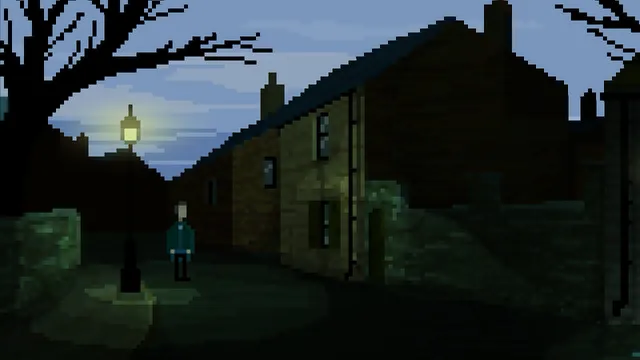 The Last Door: Season 2 screenshot: in chunky pixel art, Dr. Wakefield stands by a lit street lamp before a dark brick house at dusk