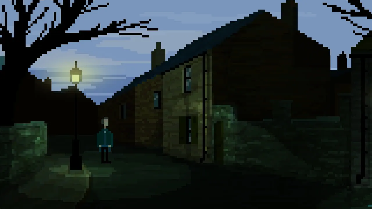 The Last Door: Season 2 screenshot: in chunky pixel art, Dr. Wakefield stands by a lit street lamp before a dark brick house at dusk
