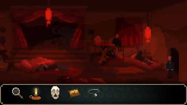The Last Door: Season 2 screenshot: a room bathed in red light under paper lanterns, with figures slumped on cushions and a mask in the inventory