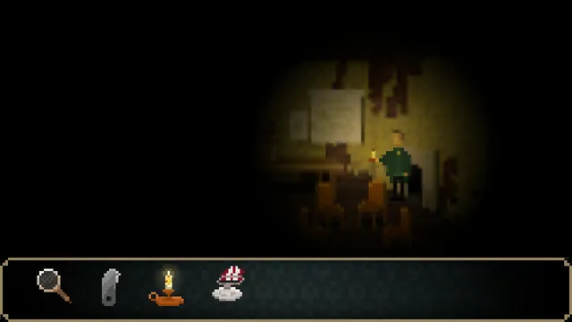 The Last Door: Season 2 screenshot: candlelight shows a corner of a dark room with a desk and papers on the wall, the inventory bar below