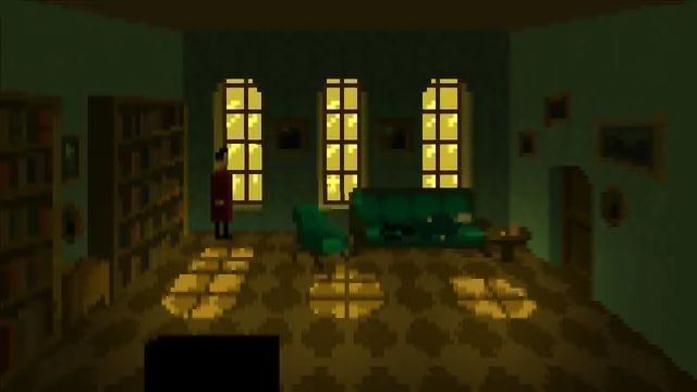 The Last Door: Season 2 screenshot: a man in a red coat stands in a green-walled library lit by three tall golden windows