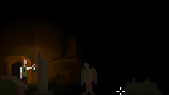 The Last Door screenshot: Jeremiah holds up a lamp in a dark underground vault with a stone figure in the shadows
