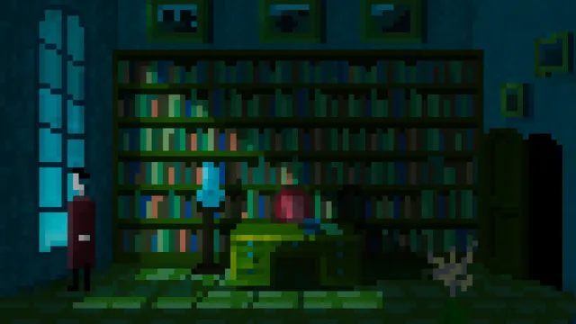 The Last Door screenshot: a gloomy blue study with a tall bookcase and desk, a man in a top hat by the window