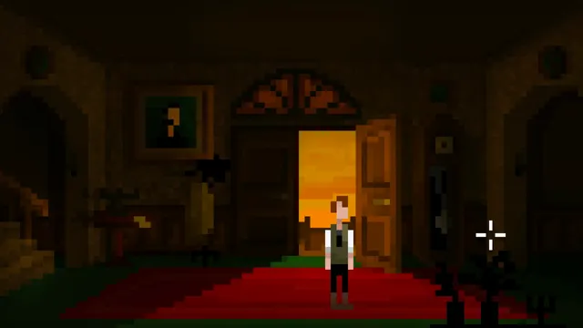 The Last Door screenshot: in chunky pixel art, Jeremiah stands in a dark hall with a red carpet before an open door glowing with sunset light