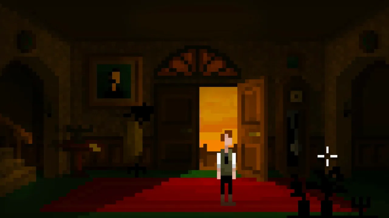 The Last Door screenshot: in chunky pixel art, Jeremiah stands in a dark hall with a red carpet before an open door glowing with sunset light
