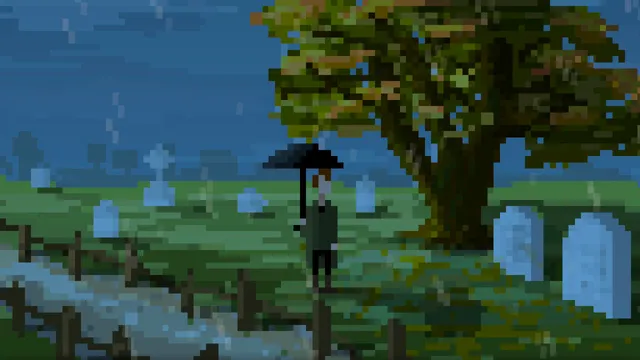 The Last Door screenshot: a figure with an umbrella stands among gravestones under a large tree in the rain