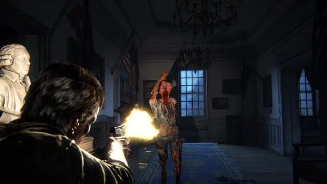 The Last of Us Part I screenshot: Joel fires a pistol at an Infected with a fungus-covered head in a dim, grand room