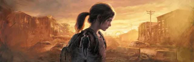 The Last of Us Part I art: Ellie with a backpack and ponytail looks down, a ruined town in an orange haze behind her