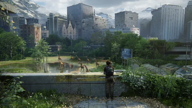 The Last of Us Part I screenshot: Ellie stands on an overgrown overpass watching a herd of giraffes among abandoned city towers