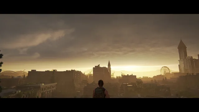 The Last of Us Part II Remastered screenshot: a lone survivor on a rooftop looks out over a hazy, golden ruined Seattle
