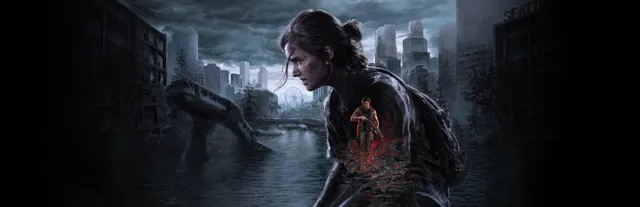 The Last of Us Part II Remastered key art: Ellie crouches in front of a flooded, ruined Seattle skyline with a Ferris wheel, a small fiery figure with a gun inside her silhouette
