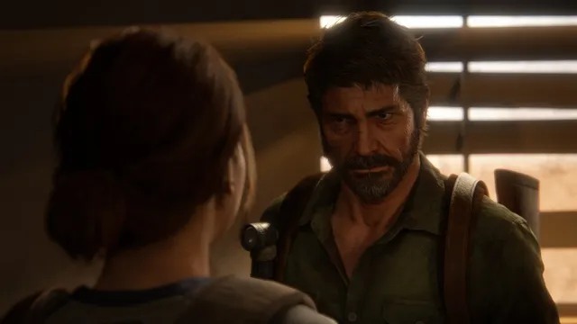 The Last of Us Part II Remastered screenshot: Joel, bearded and weathered, faces Ellie in a dim room lit through slatted blinds