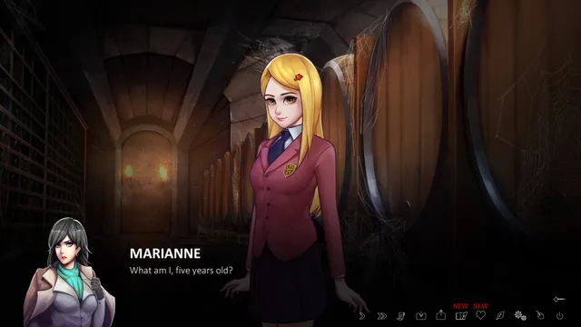 The Letter screenshot: Marianne in a dim wine cellar lined with barrels