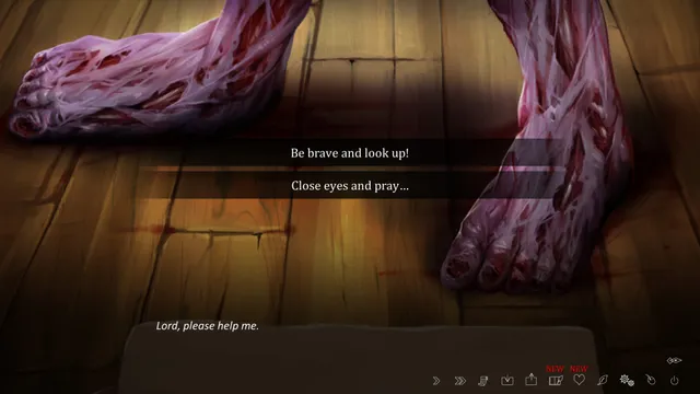 The Letter screenshot: bloody, rotting feet stand on a wooden floor while the player chooses between looking up and closing eyes to pray