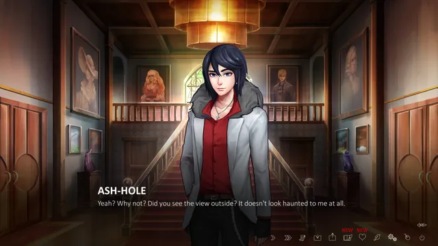 The Letter screenshot: Ashton stands in the mansion's entrance hall with a staircase and old portraits behind him