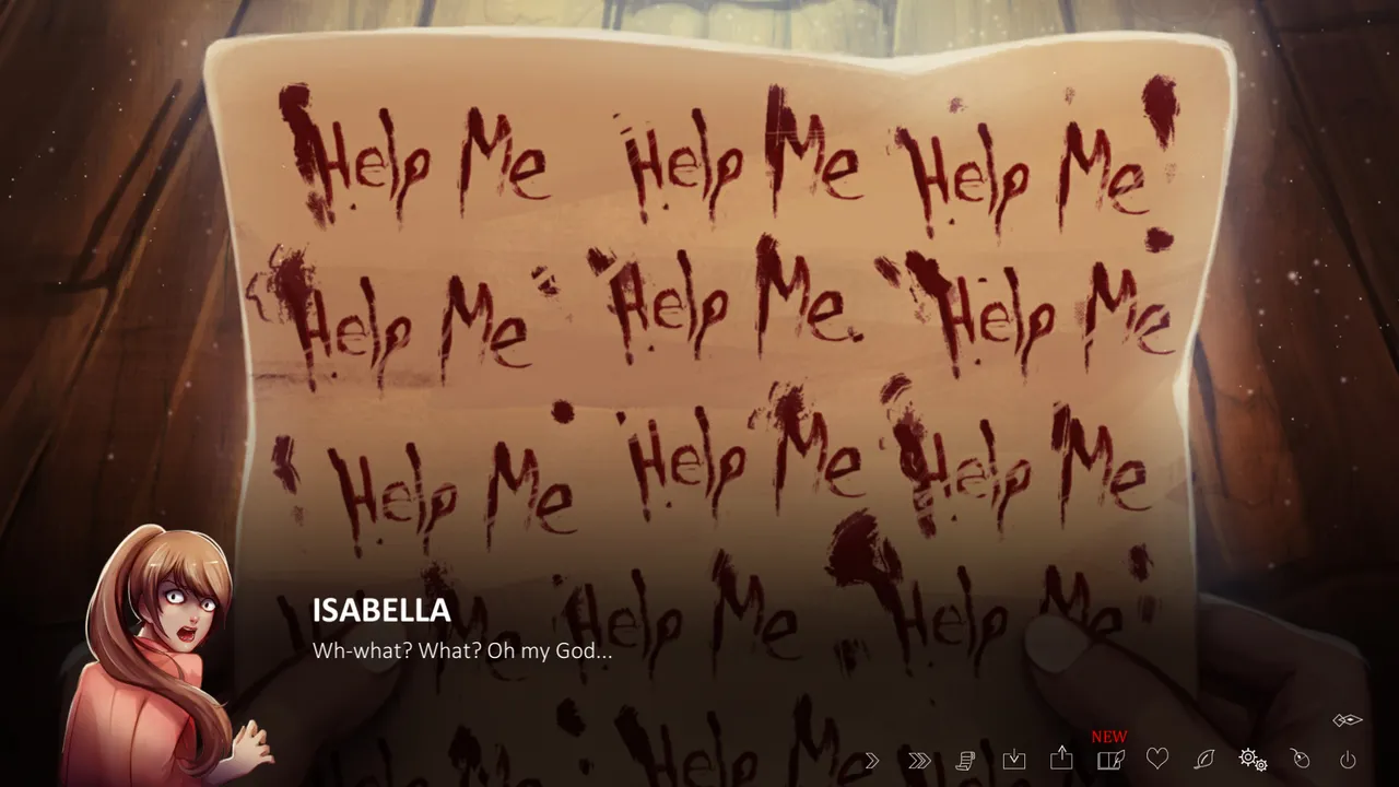 The Letter screenshot: a sheet of paper covered in the words Help Me written in blood, with a frightened Isabella below