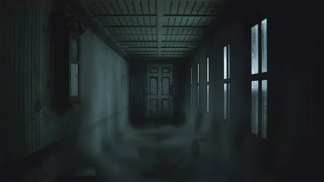 The Lightkeeper screenshot: a dim, misty corridor in the keeper's house leading to a closed door