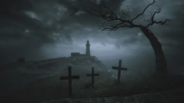 The Lightkeeper screenshot: three wooden grave crosses and a bare tree on a headland, the lighthouse in the distance under storm clouds