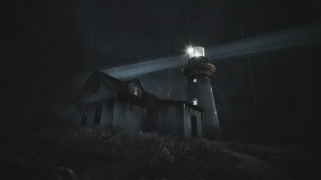 The Lightkeeper screenshot: the lighthouse beam cuts through the rain beside the weathered keeper's house at night