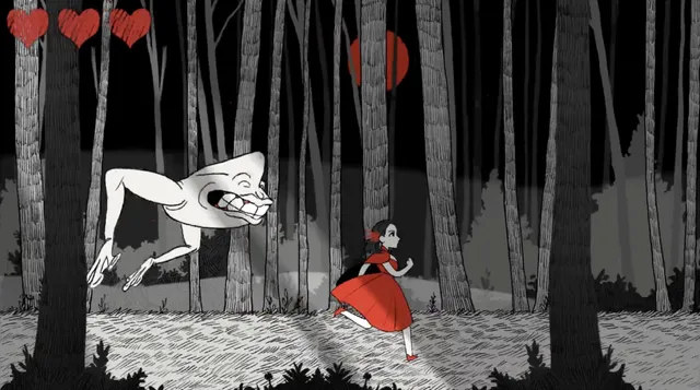 Red running through the black-and-white forest from a pale, grinning long-limbed creature