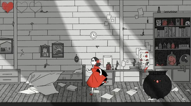 Red in a cluttered wooden house with scattered papers, jars on a shelf and a black cauldron
