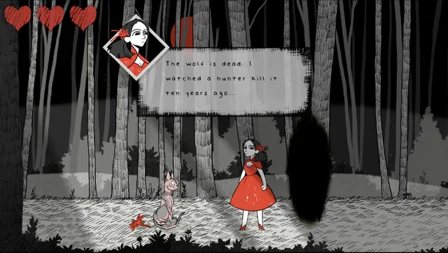 Red meeting a cat in the woods as she says the wolf is dead and she watched a hunter kill it ten years ago