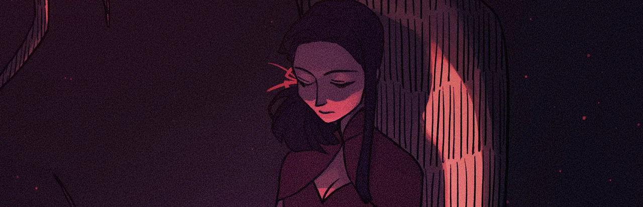 The Little Red Lie key art: Red with a red flower in her hair, looking down in deep purple shadow