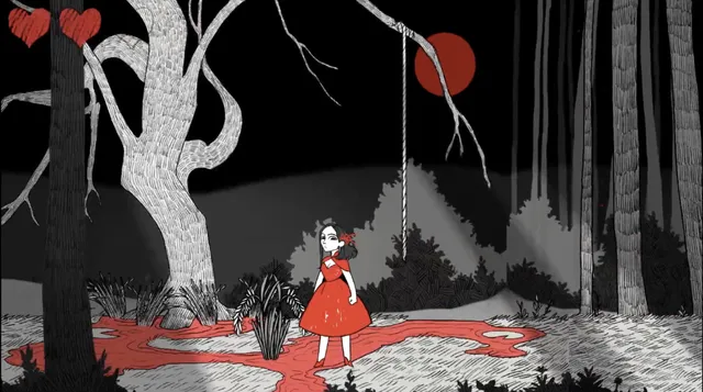 Red in her red dress under a gnarled tree with a hanging rope, beside a pool of blood and a red moon