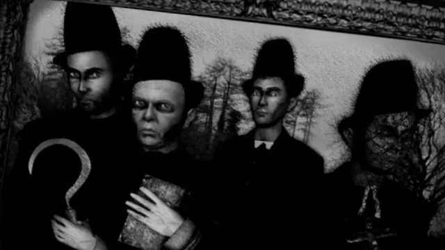 The Lost Crown screenshot: an old photograph of four grim men in tall hats, one holding a hook