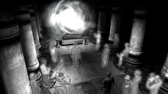 The Lost Crown screenshot: pale ghostly figures gather around a glowing light in a pillared crypt
