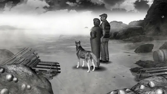 The Lost Crown screenshot: Nigel, a woman and a husky stand on a fog-covered black-and-white beach strewn with broken crates