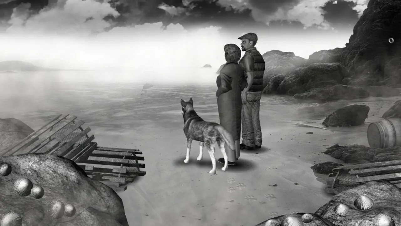 The Lost Crown screenshot: Nigel, a woman and a husky stand on a fog-covered black-and-white beach strewn with broken crates