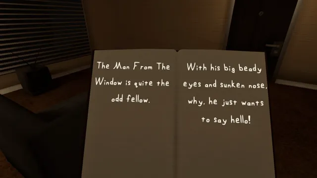 The Man From The Window screenshot: an open children's book describing the Man From The Window, with his big beady eyes and sunken nose