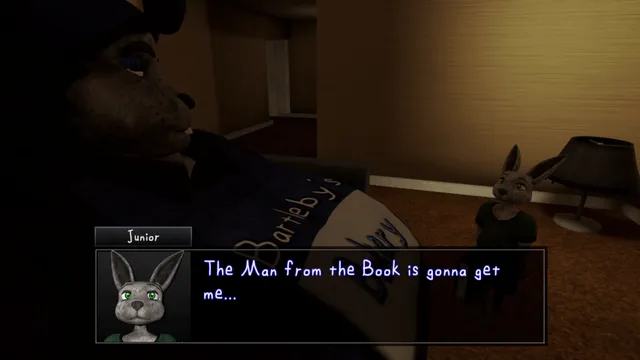 The Man From The Window screenshot: Junior Rabbit in a dim room, saying in a dialogue box that the Man from the Book is gonna get him